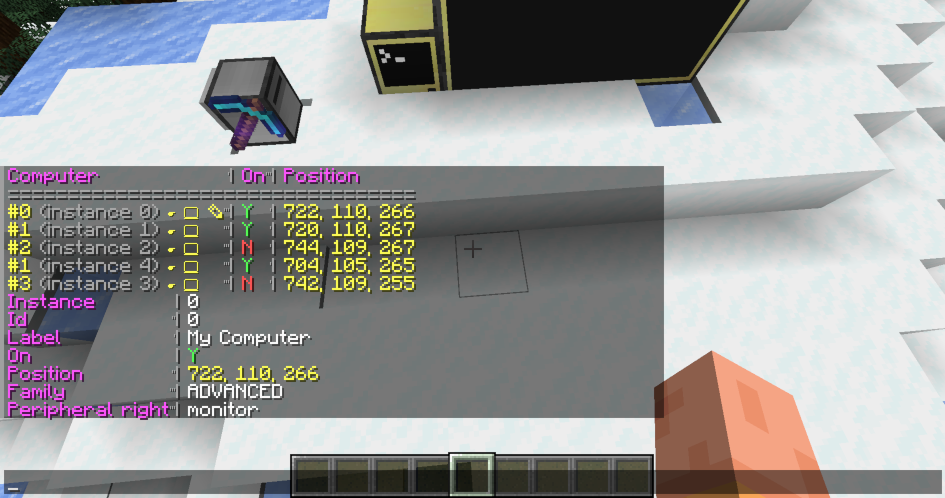 A screenshot of a Minecraft world. In the chat box, there is a table listing 5 computers, with columns labelled"Computer", "On" and "Position". Below that, is a more detailed list of information about Computer 0, including itslabel ("My computer") and that it has a monitor on the right hand side