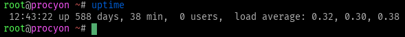 An SSH session on procyon saying "up 588 days, 38 min".